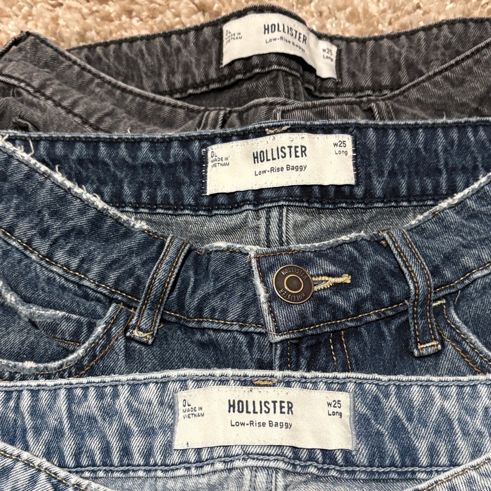 Hollister Trio of Low-Rise Baggy Jeans — Dark Blue, Light Blue, Charcoal